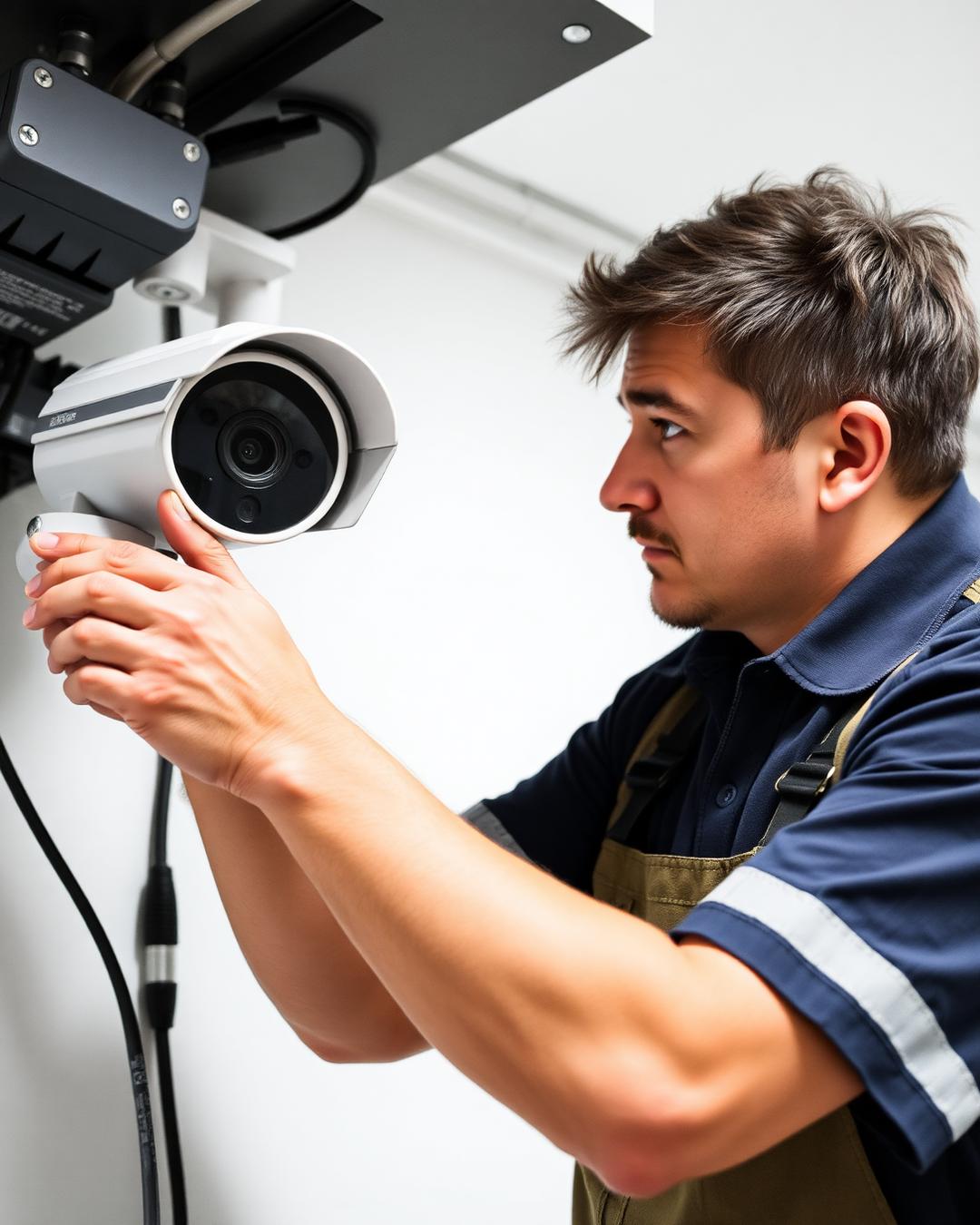 Técnico realizando manutenção em câmera de segurança