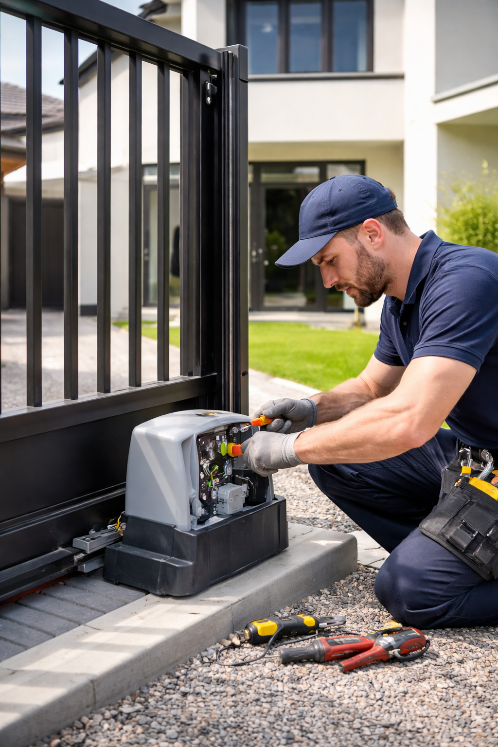 Técnico realizando manutenção de portão eletrônico